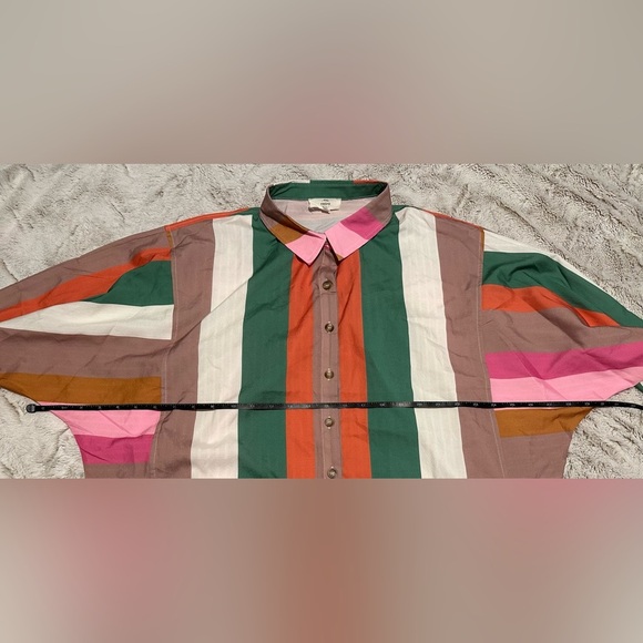 Entro Vibrant Colorful Long Sleeve Striped Button Down Blouse - Picture 3 of 9